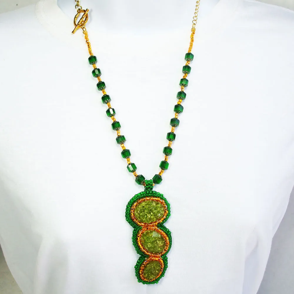 Nakita, Green Glass Cabochons, Pendant, Necklace