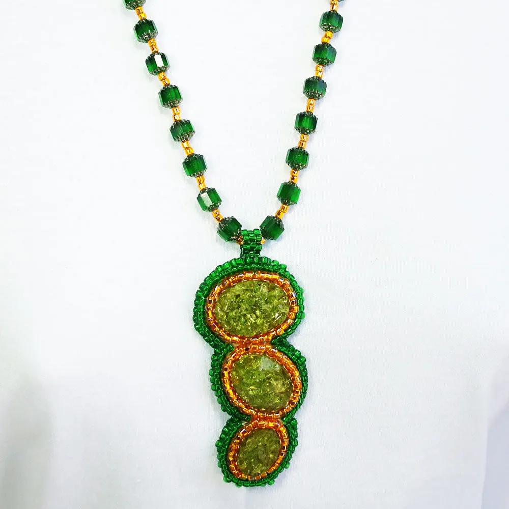 Nakita, Green Glass Cabochons, Pendant, Necklace