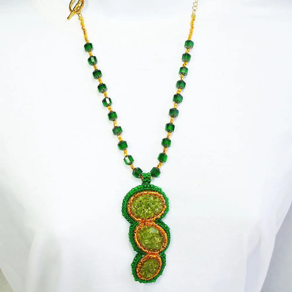 Nakita, Green Glass Cabochons, Pendant, Necklace