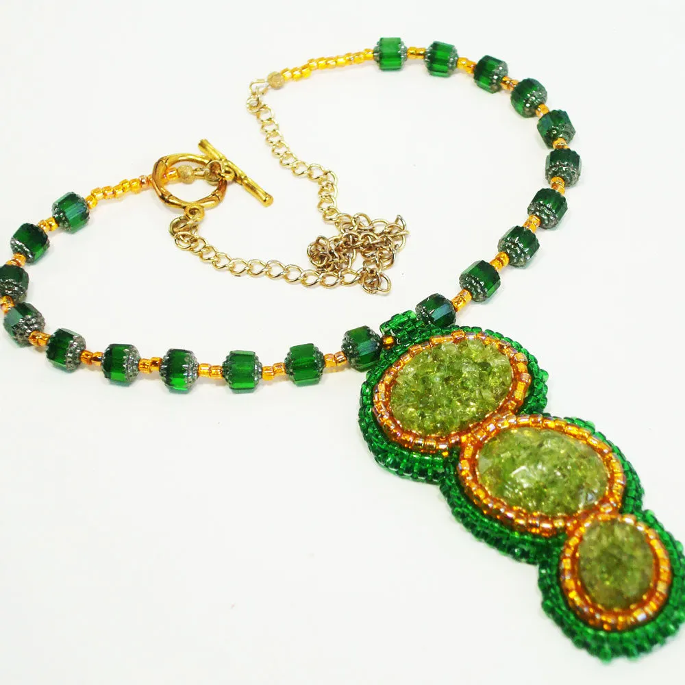 Nakita, Green Glass Cabochons, Pendant, Necklace