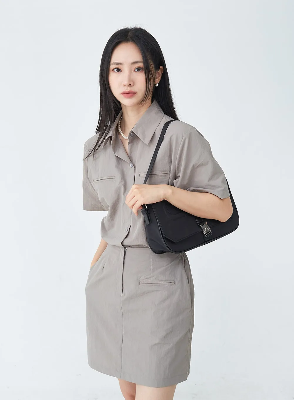 Nylon Set-up Skirt with Fake Pocket UU1407