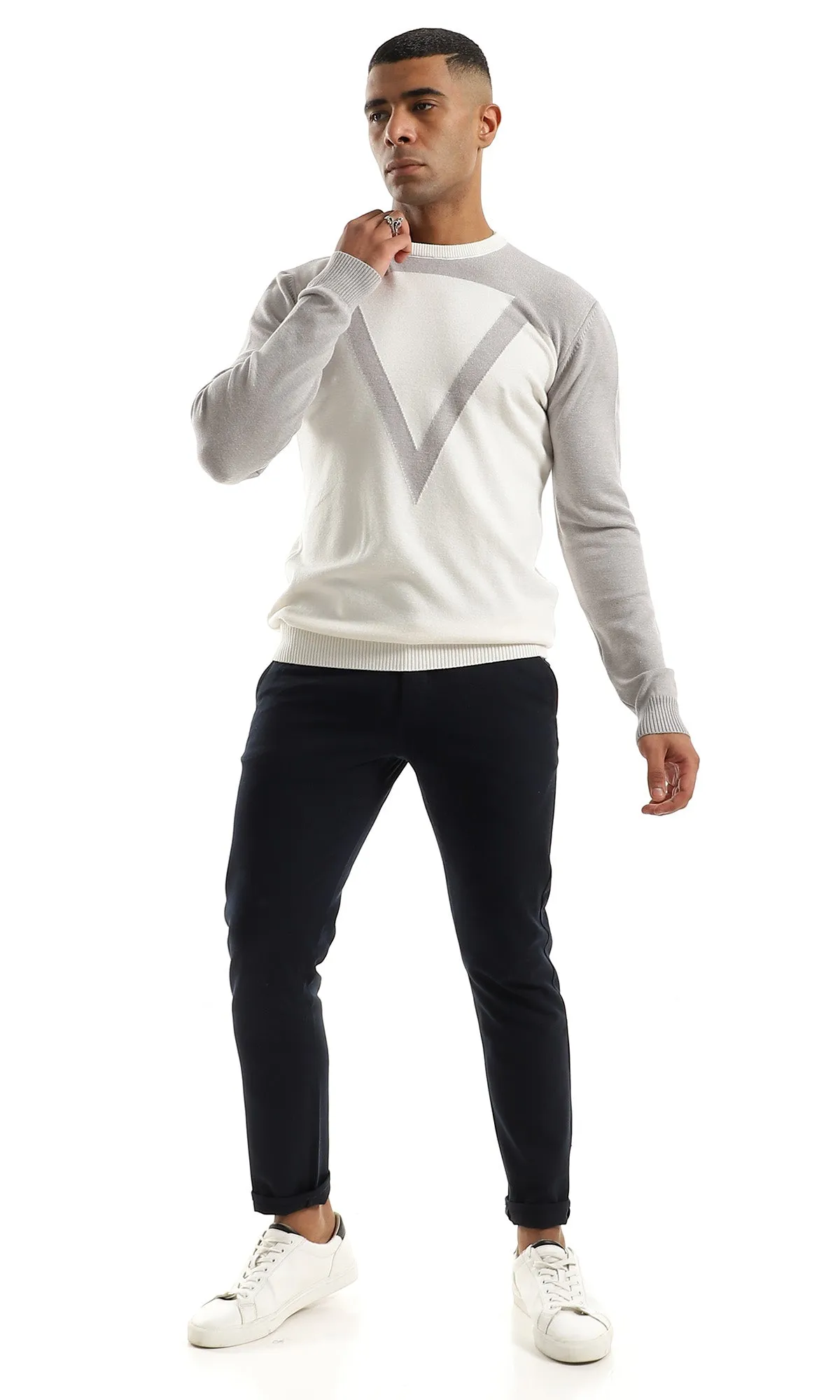 O158728 Casual Bi-Tone Soft Round Neck Off White & Light Grey Pullover