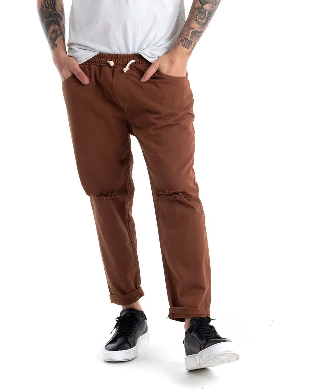 Pantaloni Jeans Uomo Regular Fit Tabacco Pantalaccio Taglio al Ginocchio Casual GIOSAL-P5369A