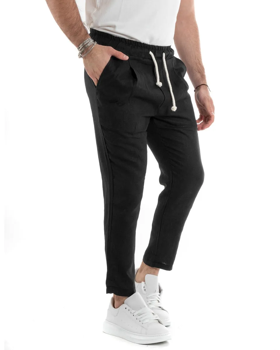 Pantaloni Uomo Pantalaccio Lino Lungo Jogger Elastico Sartoriale Casual Tinta Unita Nero GIOSAL-P5816A