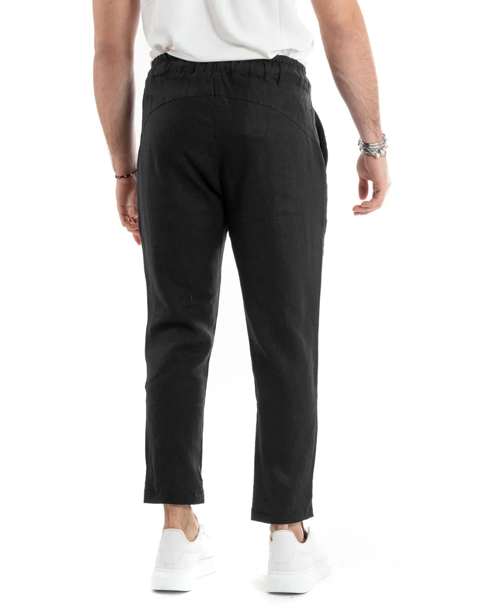 Pantaloni Uomo Pantalaccio Lino Lungo Jogger Elastico Sartoriale Casual Tinta Unita Nero GIOSAL-P5816A