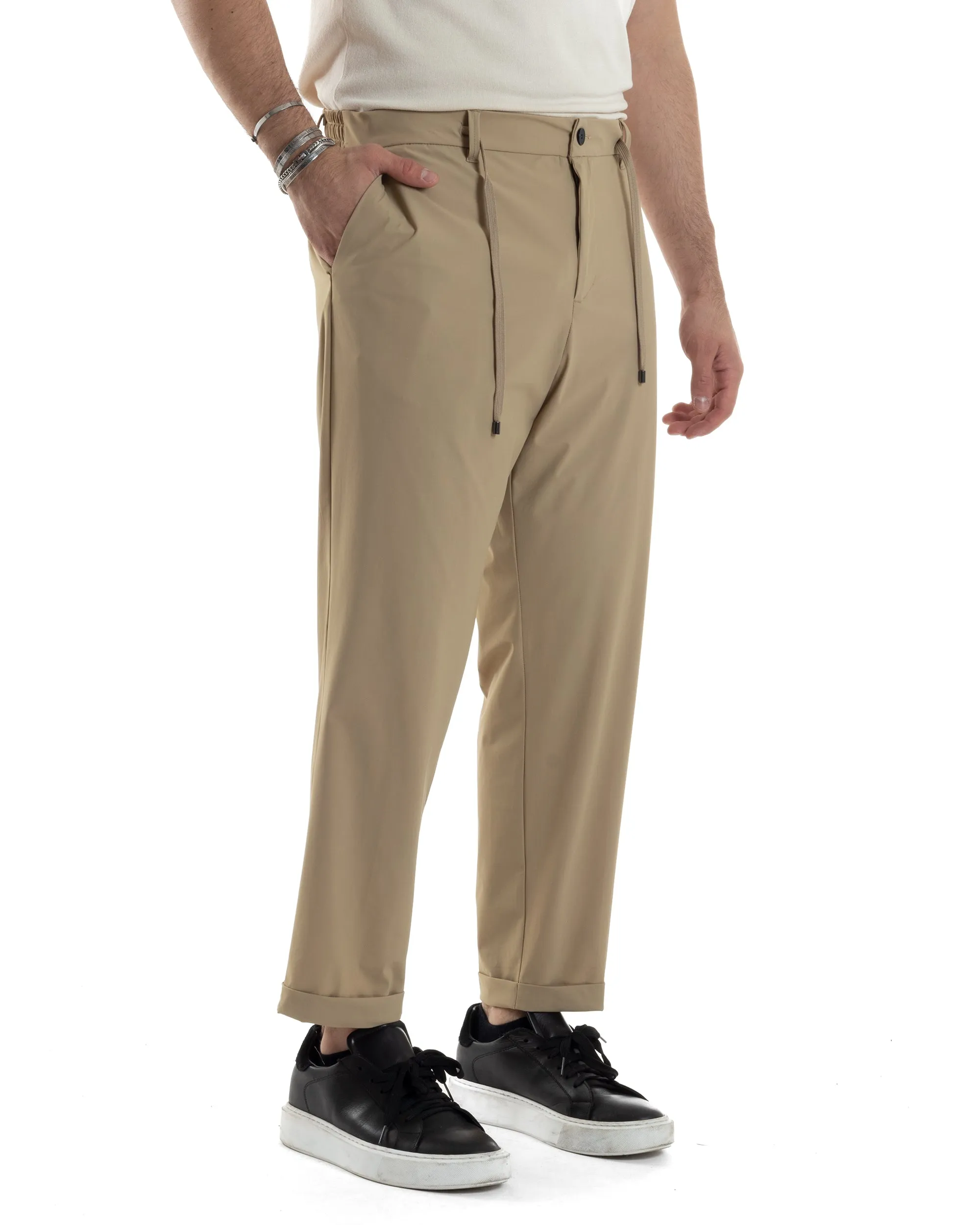 Pantaloni Uomo Tasca America Classico Tessuto Tecnico No Stiro Antipioggia Casual Beige GIOSAL-P6100A