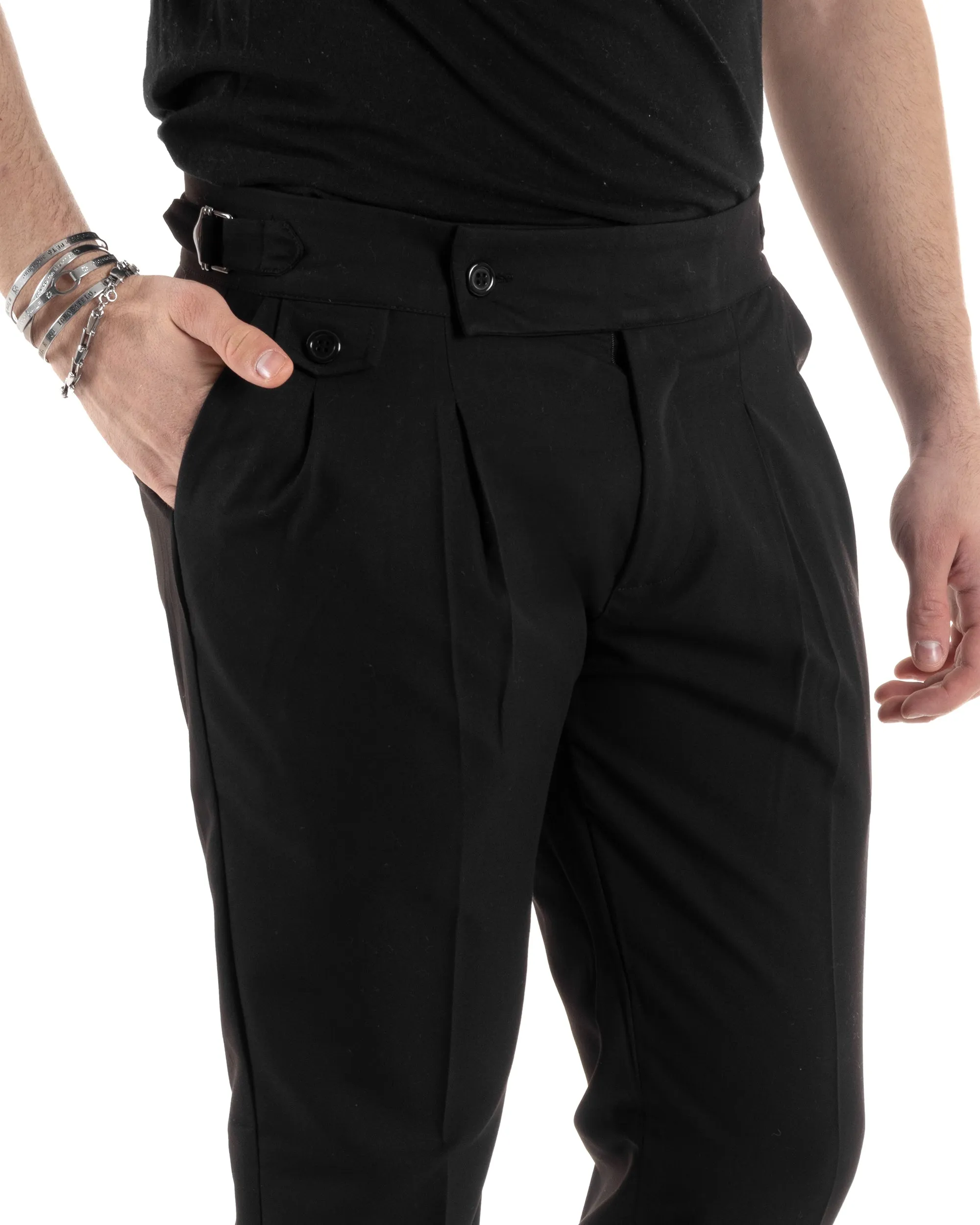 Pantaloni Uomo Tasca America Vita Alta Classico Pinces Abbottonatura Allungata Fibbia Casual Nero GIOSAL-P6042A