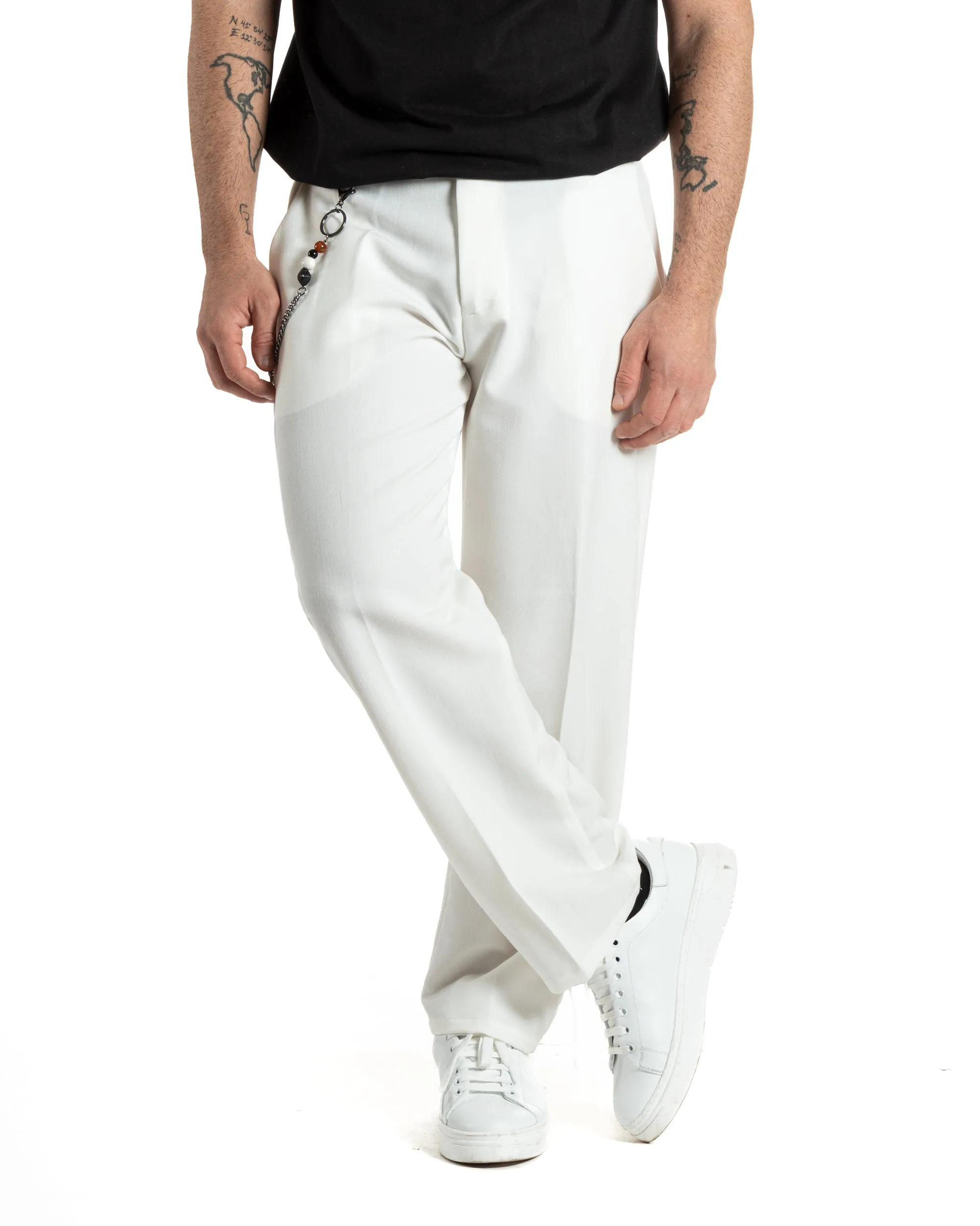 Pantaloni Uomo Viscosa Baggy Fondo Largo Tasca America Abbottonatura Allungata Casual Bianco GIOSAL-P6000A