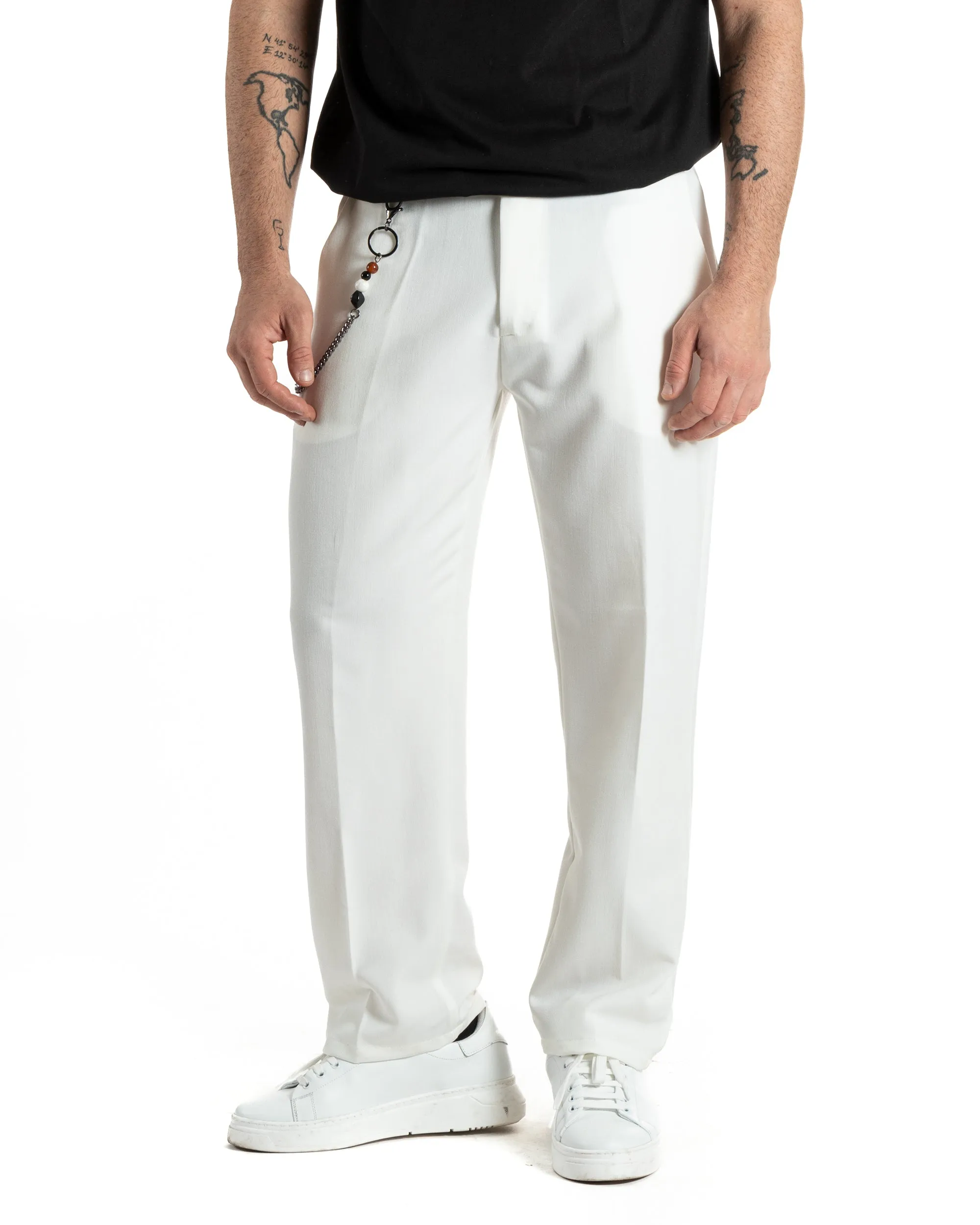 Pantaloni Uomo Viscosa Baggy Fondo Largo Tasca America Abbottonatura Allungata Casual Bianco GIOSAL-P6000A