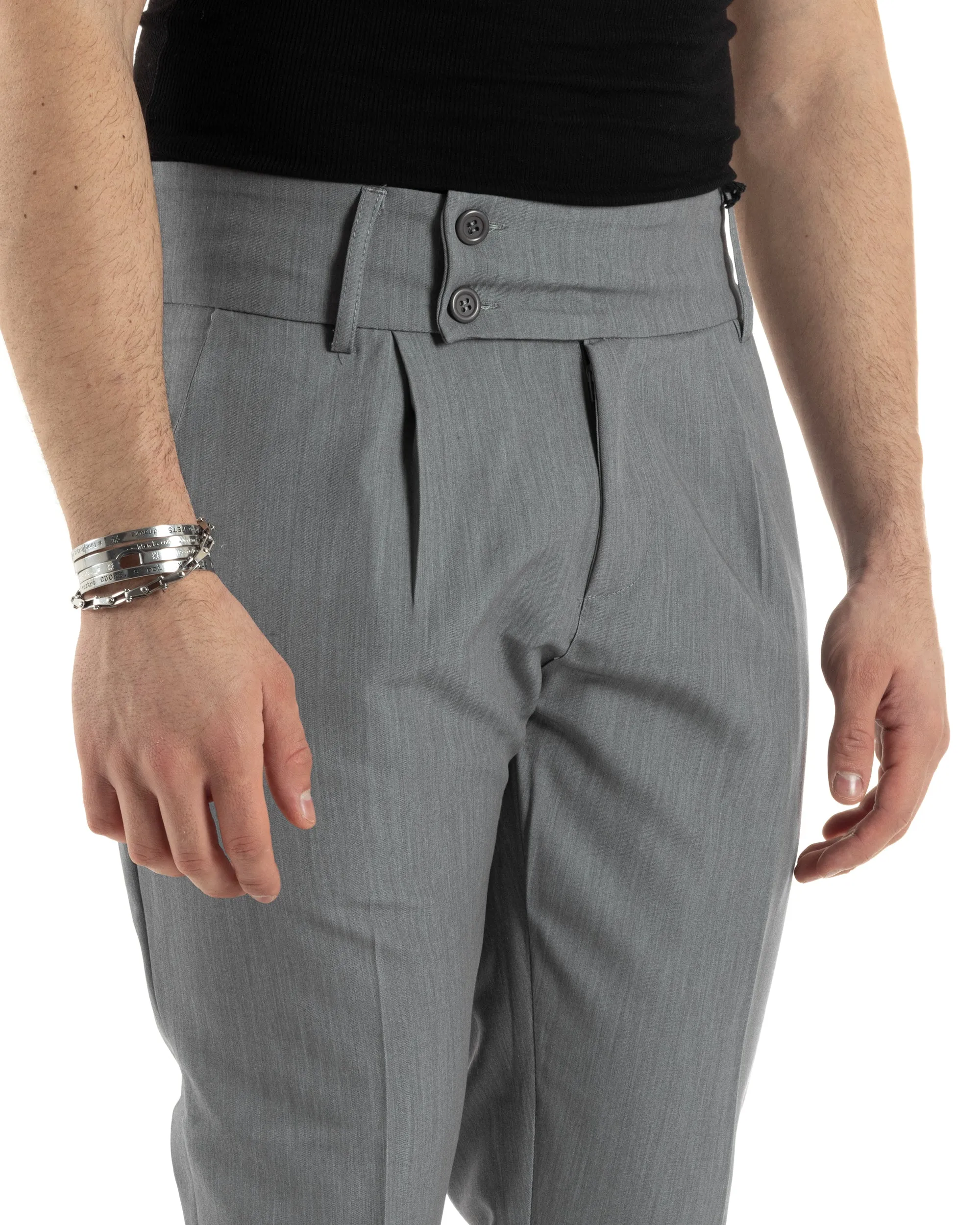 Pantaloni Uomo Viscosa Tasca America Vita Alta Classico Pinces Abbottonatura Allungata Casual Grigio GIOSAL-P6016A