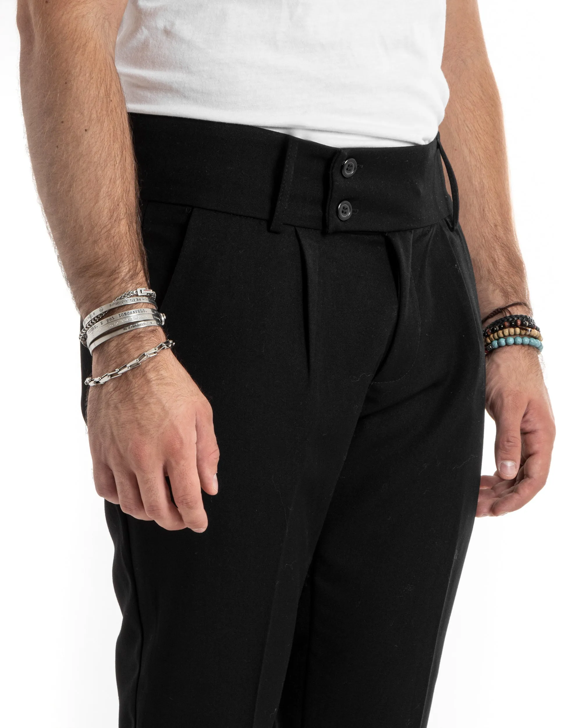 Pantaloni Uomo Viscosa Tasca America Vita Alta Classico Pinces Abbottonatura Allungata Casual Nero GIOSAL-P5985A