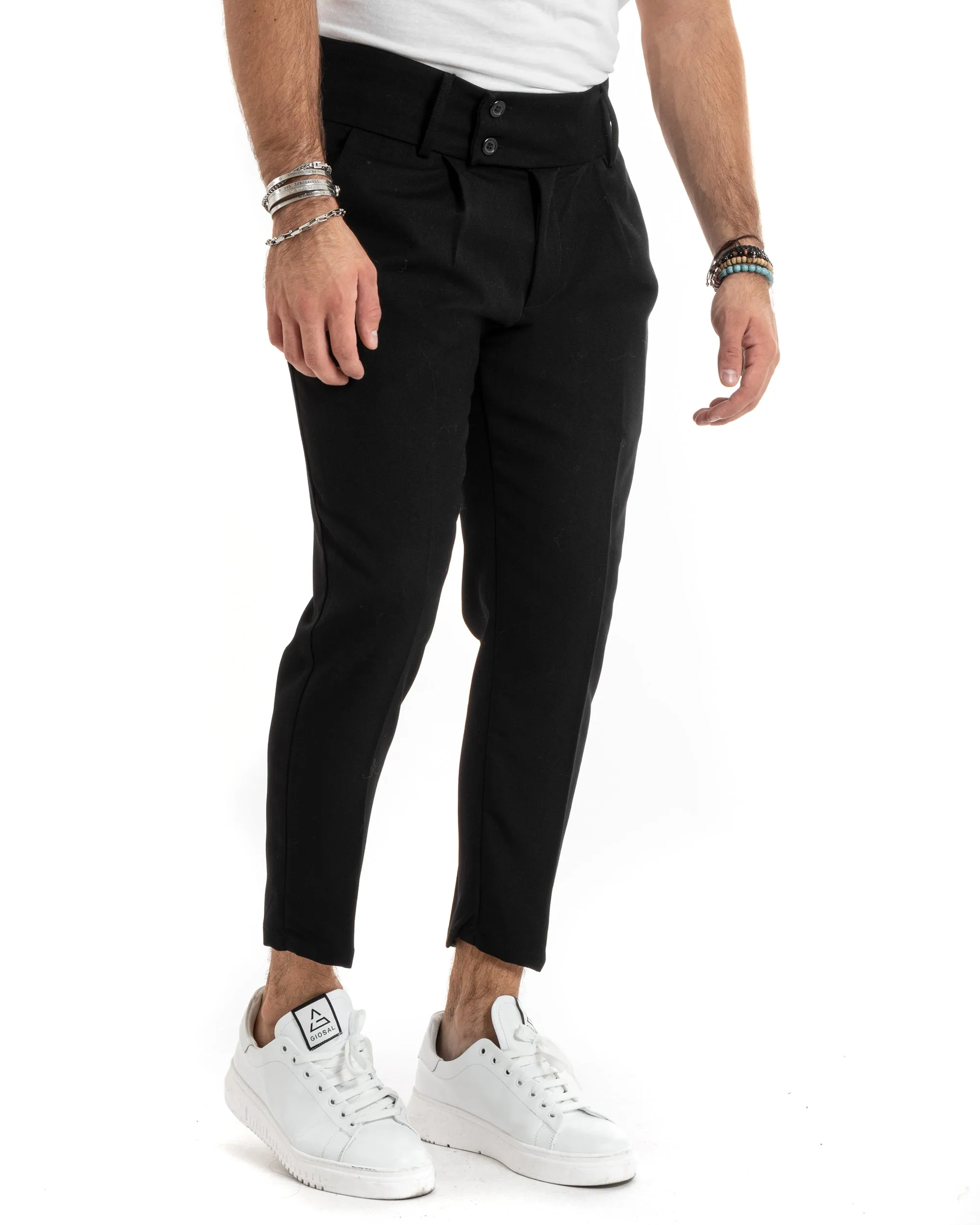 Pantaloni Uomo Viscosa Tasca America Vita Alta Classico Pinces Abbottonatura Allungata Casual Nero GIOSAL-P5985A