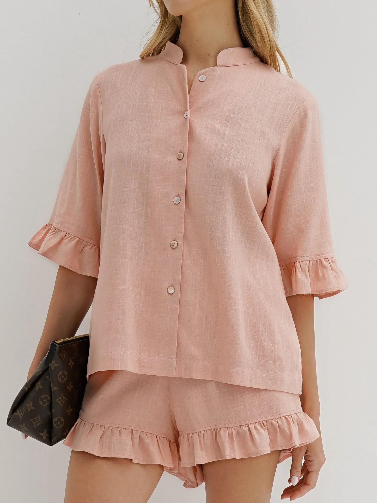 Riviera Chambray Frill Edge Short | Apricot Blush