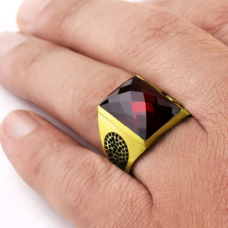 SOLID 14K Yellow Fine GOLD with Red Garnet Gemstone Fine Statement Ring for Men