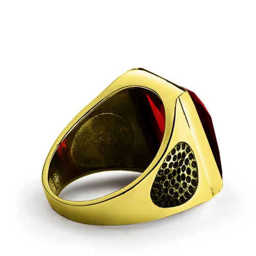 SOLID 14K Yellow Fine GOLD with Red Garnet Gemstone Fine Statement Ring for Men