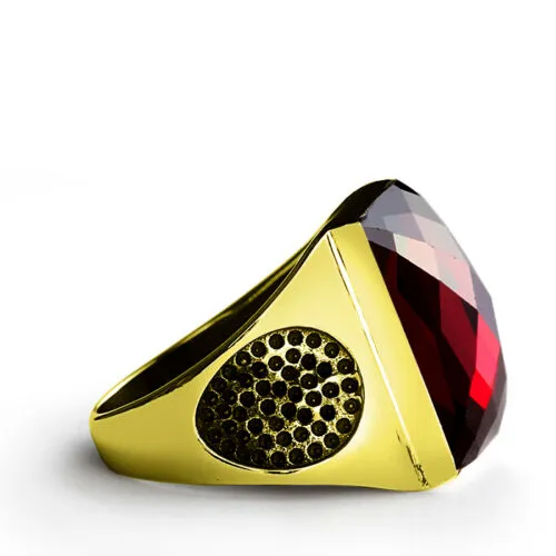 SOLID 14K Yellow Fine GOLD with Red Garnet Gemstone Fine Statement Ring for Men