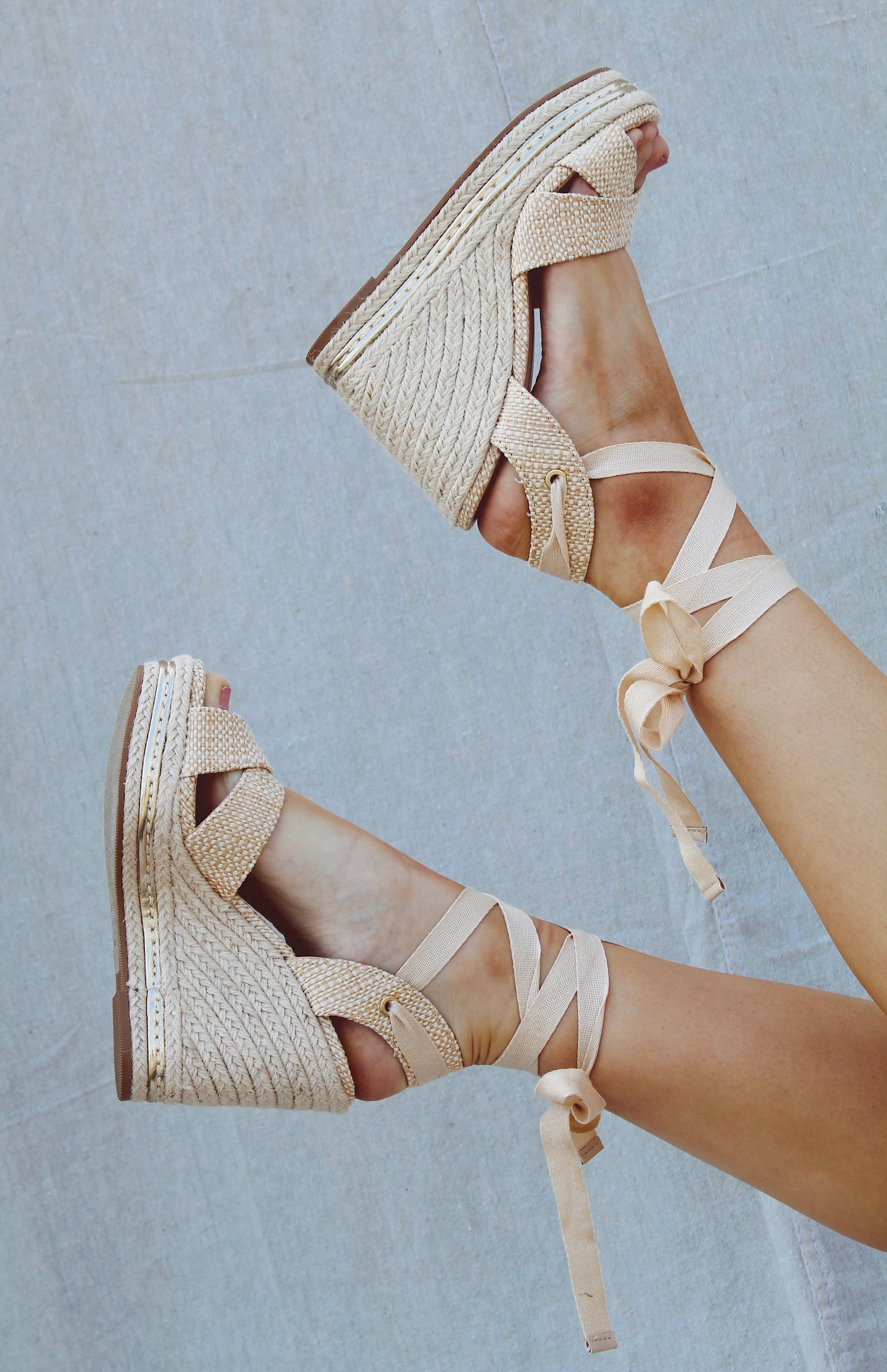 Tan Woven Espadrille Lace Up Wedges