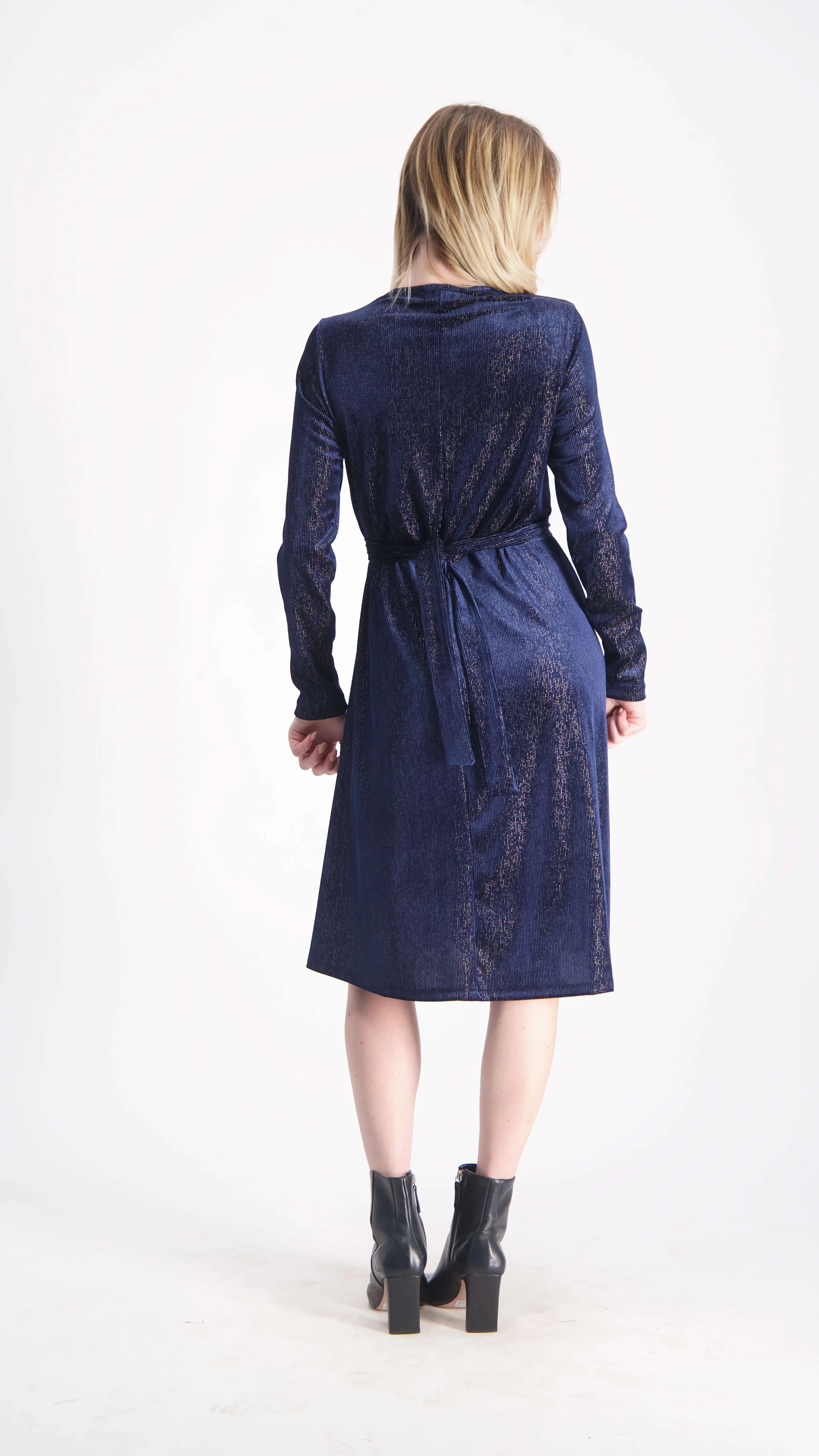 Velvet A-line Dress With Belt / Navy & Silver Line