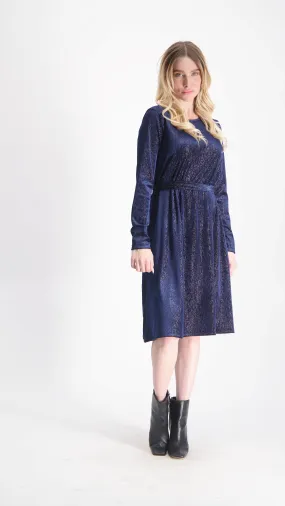 Velvet A-line Dress With Belt / Navy & Silver Line