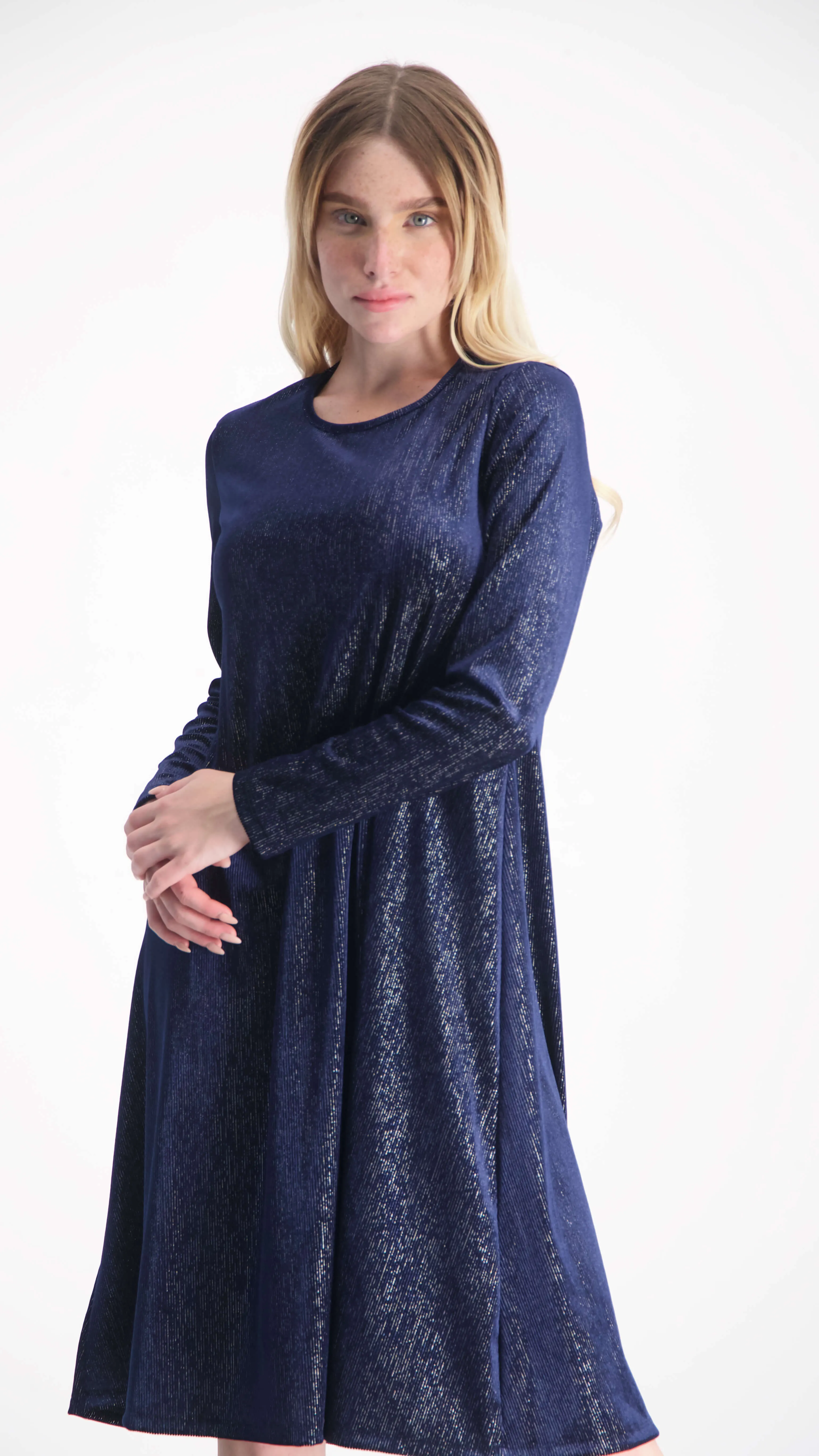 Velvet A-line Dress With Belt / Navy & Silver Line