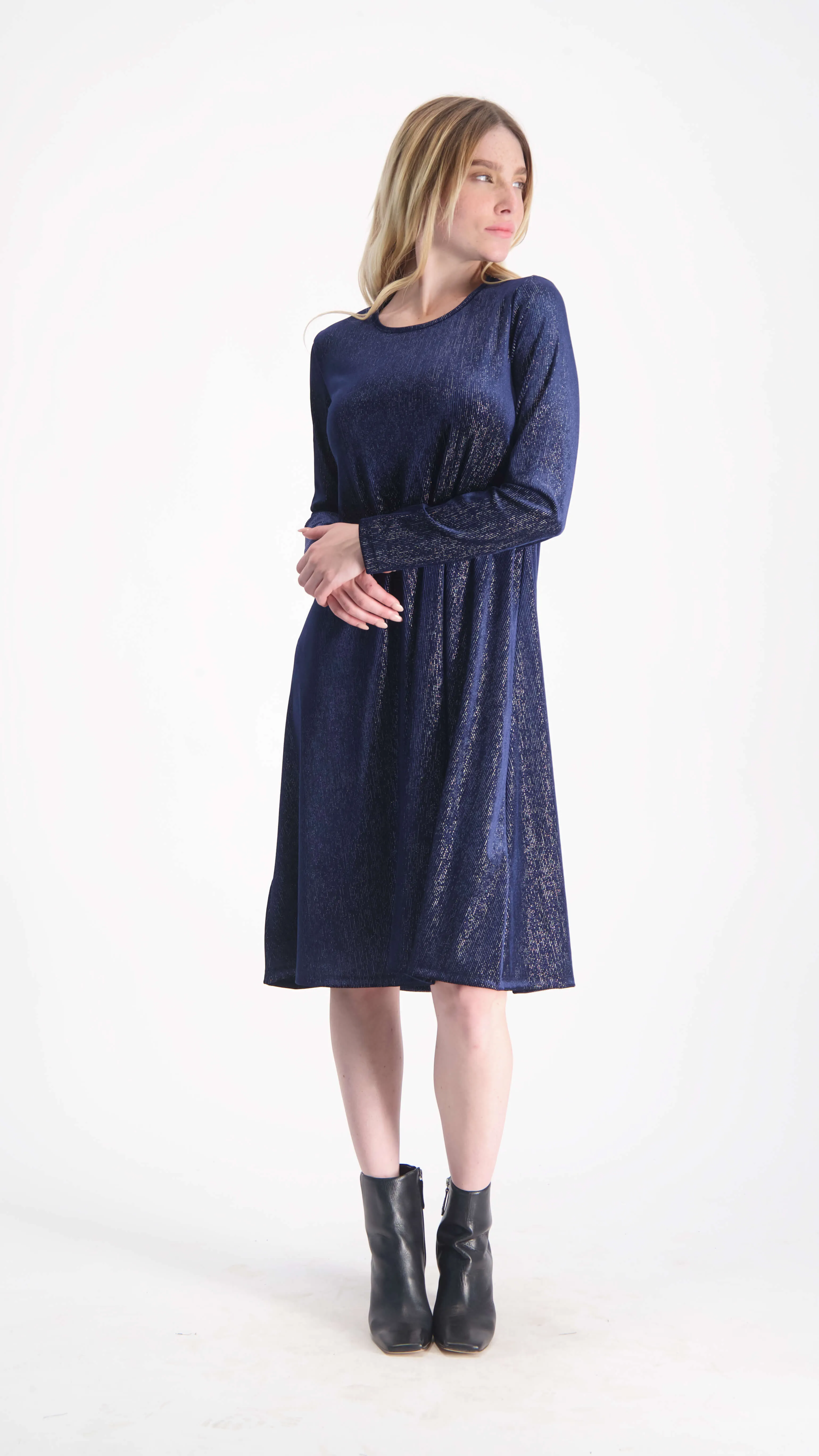 Velvet A-line Dress With Belt / Navy & Silver Line