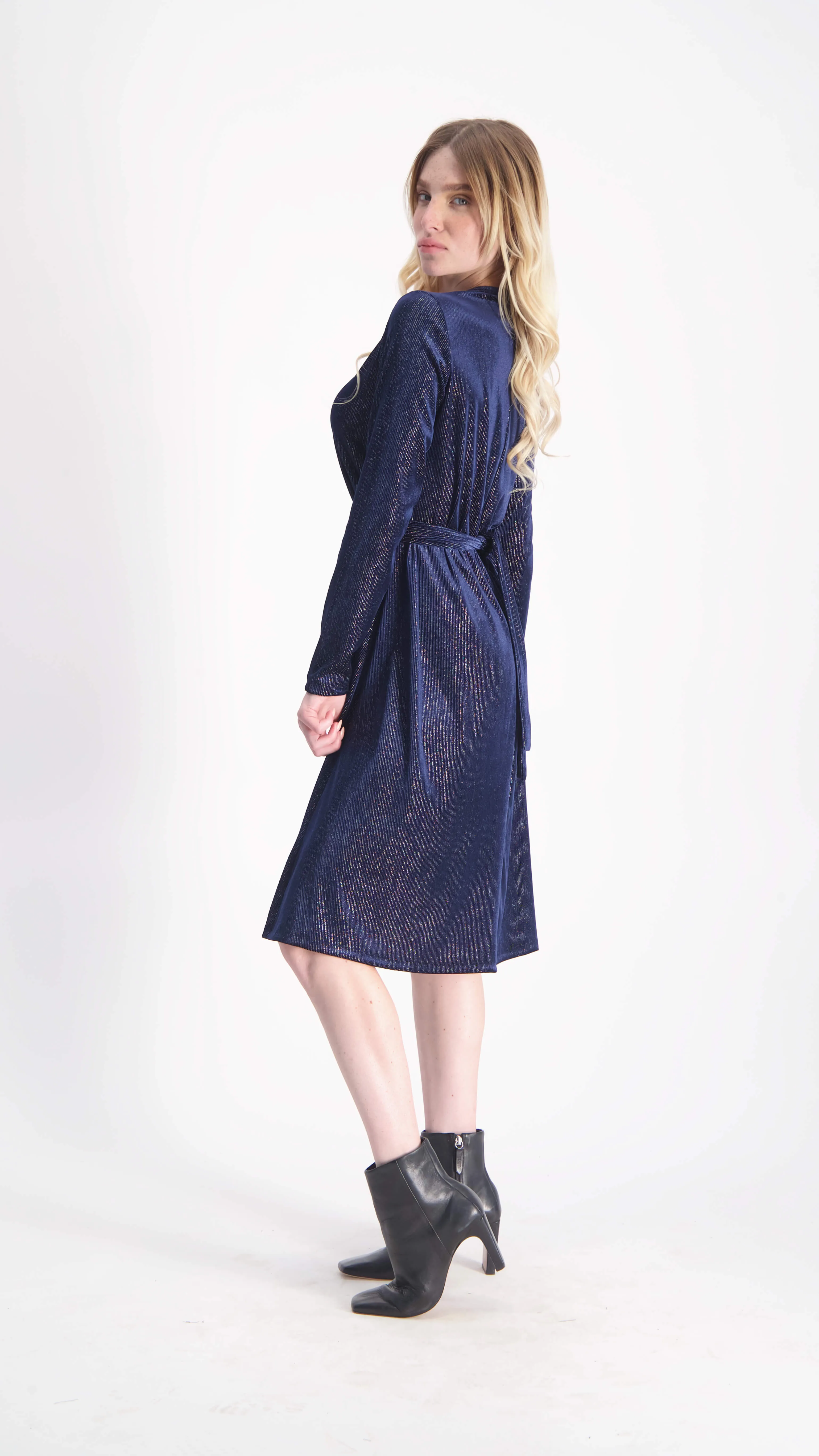 Velvet A-line Dress With Belt / Navy & Silver Line