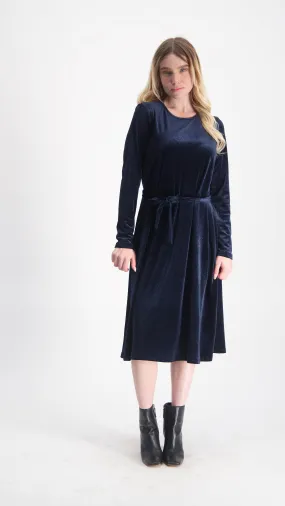 Velvet A-line Dress With Belt / Navy Shine