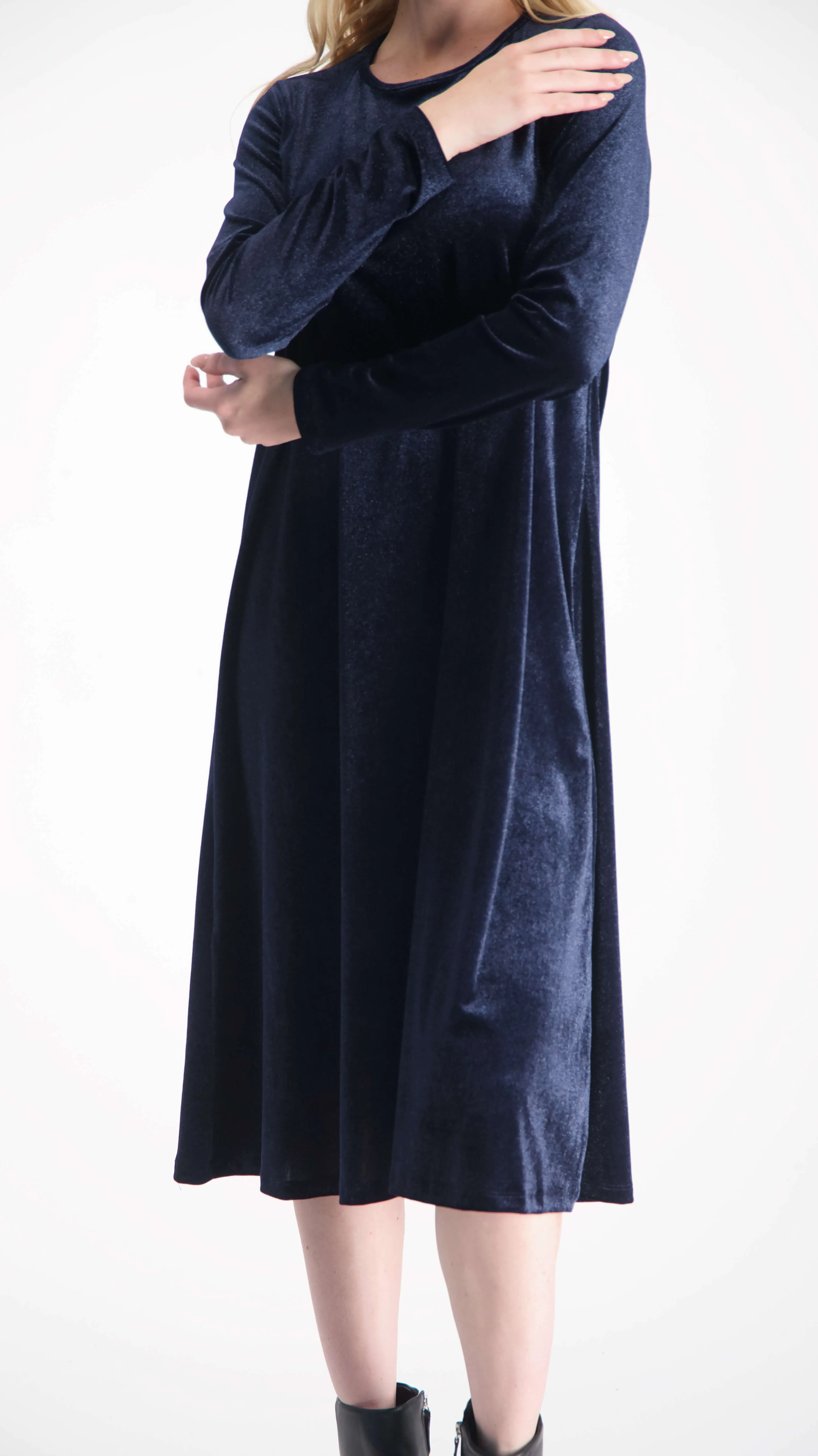 Velvet A-line Dress With Belt / Navy Shine